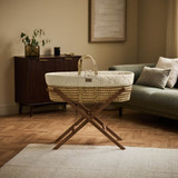 Little Green Sheep Organic Quilted Moses Basket, Mattress & Static Stand - Linen Rice Print/Walnut