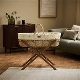 Little Green Sheep Organic Quilted Moses Basket, Mattress & Static Stand - Leaf Print/Walnut