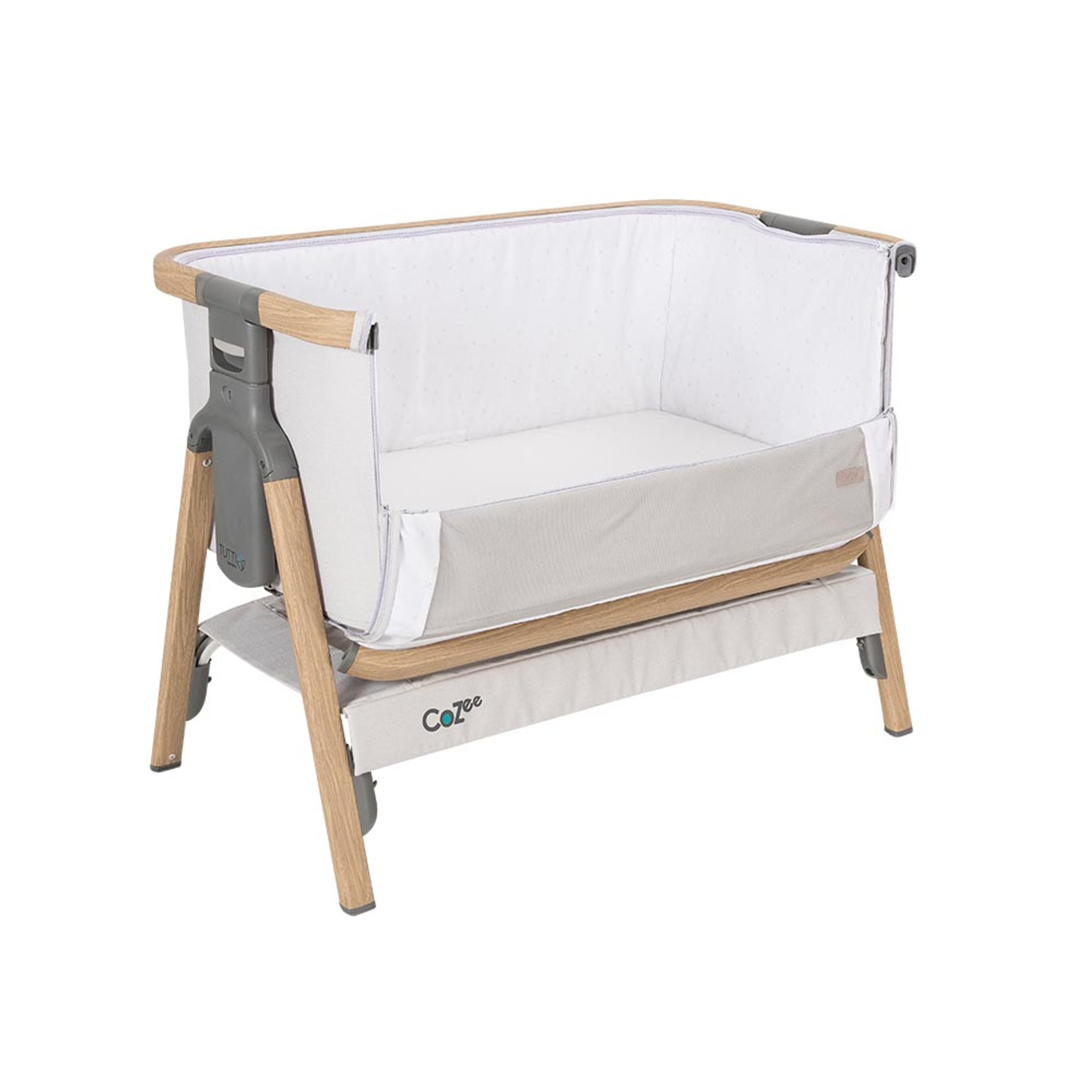 Tutti Bambini CoZee® Bedside Crib Oak and Silver Winstanleys Pramworld