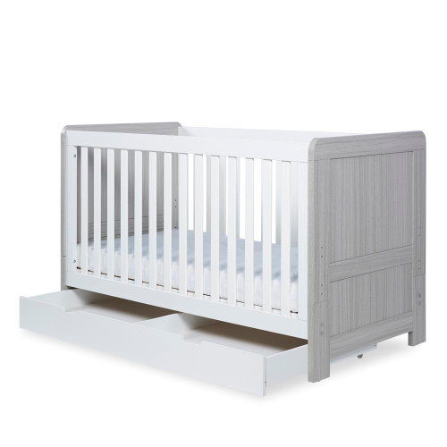 Ickle Bubba Pembrey Cot Bed & Under Drawer Ash Grey & White