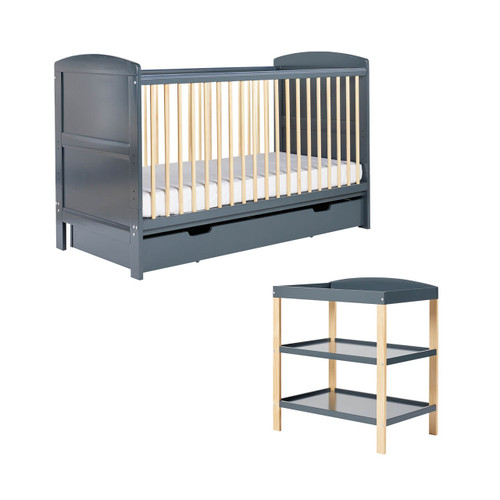 Ickle Bubba Coleby Cot Bed, Under Drawer & Open Changer - Scandi Grey