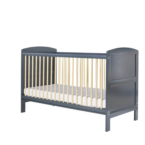 grey cot with mattress