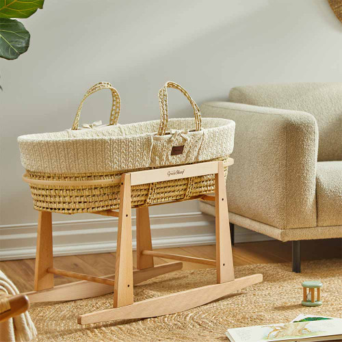 Little Green Sheep Knitted Moses Basket + Rocking Stand Bundle - Choose Your Colour