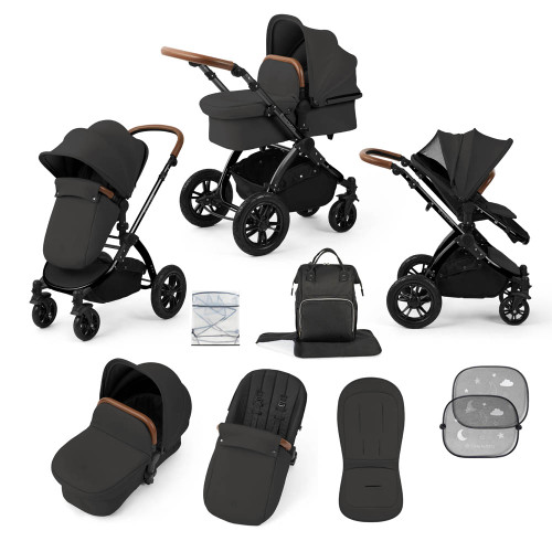 Ickle Bubba Stomp Luxe 9-Piece Pram - Black/Charcoal Grey/Tan