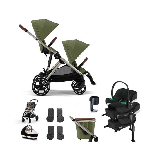 Cybex e-Gazelle S Taupe Double Aton B2 Travel System Bundle - Moss Green