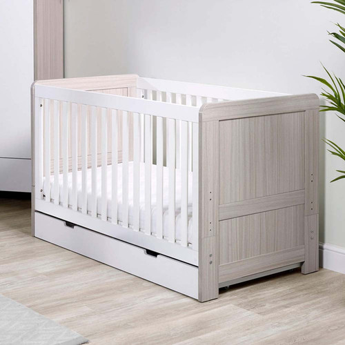 Ickle Bubba Pembrey Cot Bed, Under Drawer and Fibre Mattress - Ash Grey & White