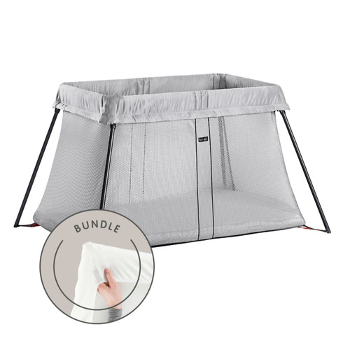 BabyBjorn Travel Cot Light & Fitted Sheet Bundle - Silver