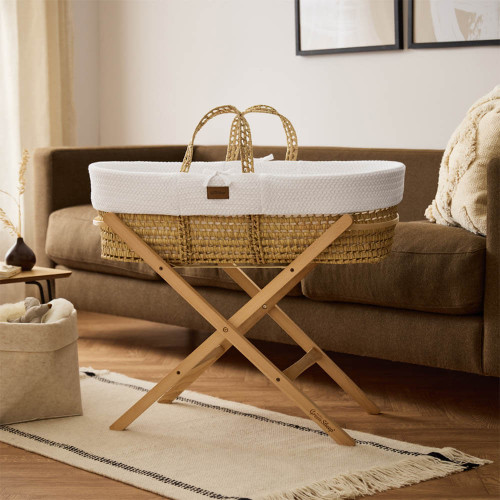 Little Green Sheep Organic Wheat Knitted Moses Basket, Mattress & Static Stand - White/Natural