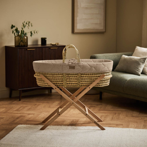 Little Green Sheep Organic Quilted Moses Basket, Mattress & Static Stand - Truffle Rice/Natural