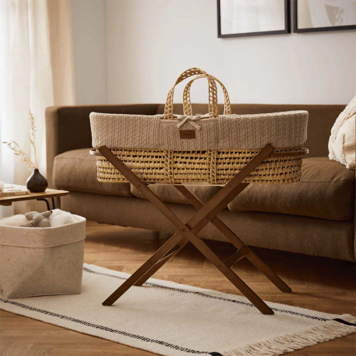 Little Green Sheep Organic Knitted Moses Basket, Mattress & Static Stand - Truffle/Walnut