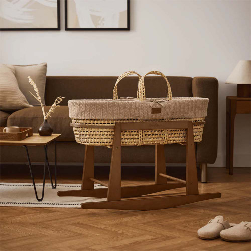 Little Green Sheep Organic Knitted Moses Basket, Mattress & Rocking Stand - Truffle/Walnut