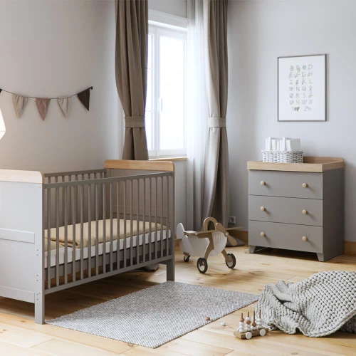 Little Acorns Classic Cot Bed + Dresser - Grey/Oak