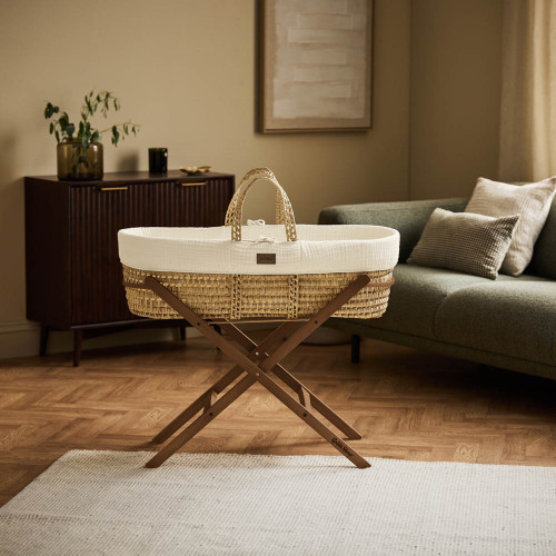 Little Green Sheep Muslin Moses Basket, Mattress & Static Stand - Ecru/Walnut