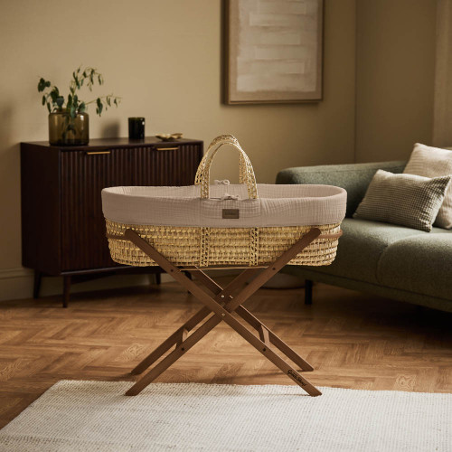 Little Green Sheep Muslin Moses Basket, Mattress & Static Stand - Truffle/Walnut