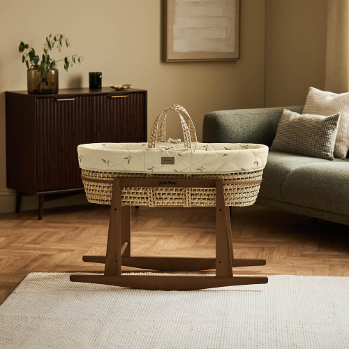 Little Green Sheep Organic Quilted Moses Basket, Mattress & Rocking Stand - Leaf Print/Walnut