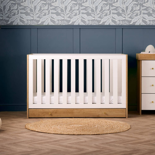 Obaby Nika Cot Bed & Under Drawer - Oak & White