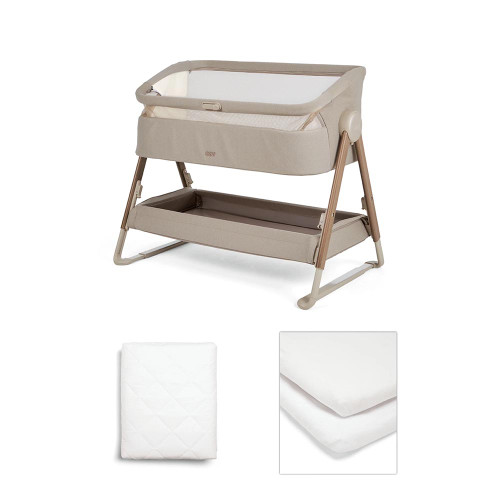 Mamas & Papas Lua 2 Bedside Crib Bundle with Mattress Protector & Fitted Sheets - Mocha