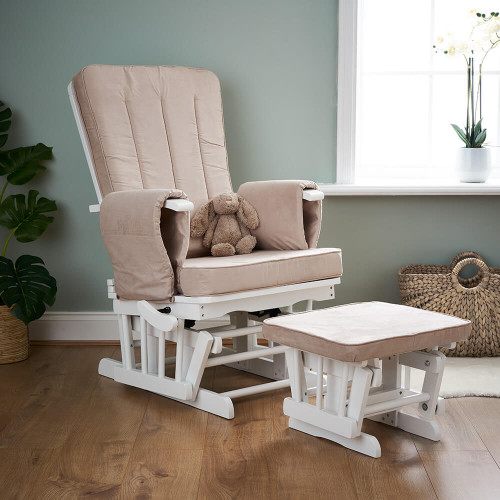 Obaby Deluxe Reclining Glider Chair and Stool White with Grey Cushion