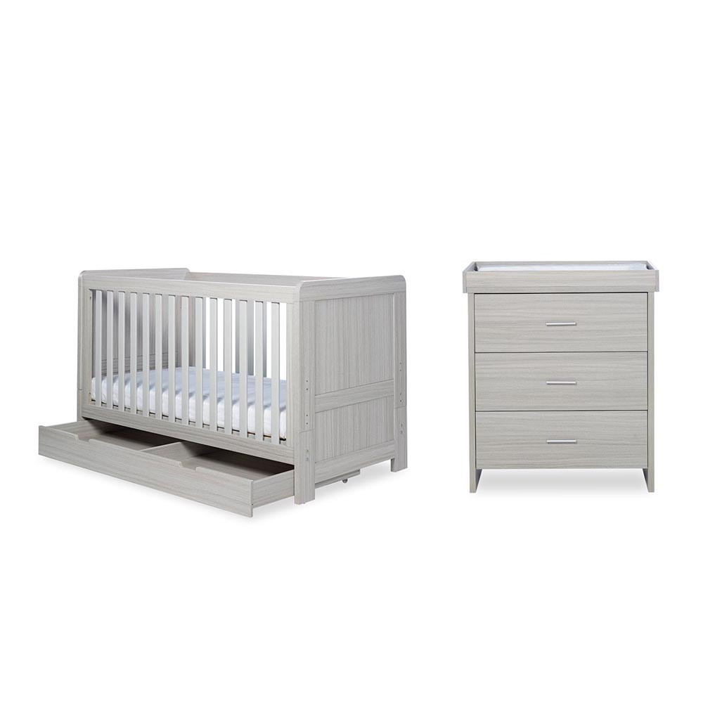 Ickle Bubba Pembrey Cot Bed, Under Drawer & Changing Unit - Ash Grey at Pram World