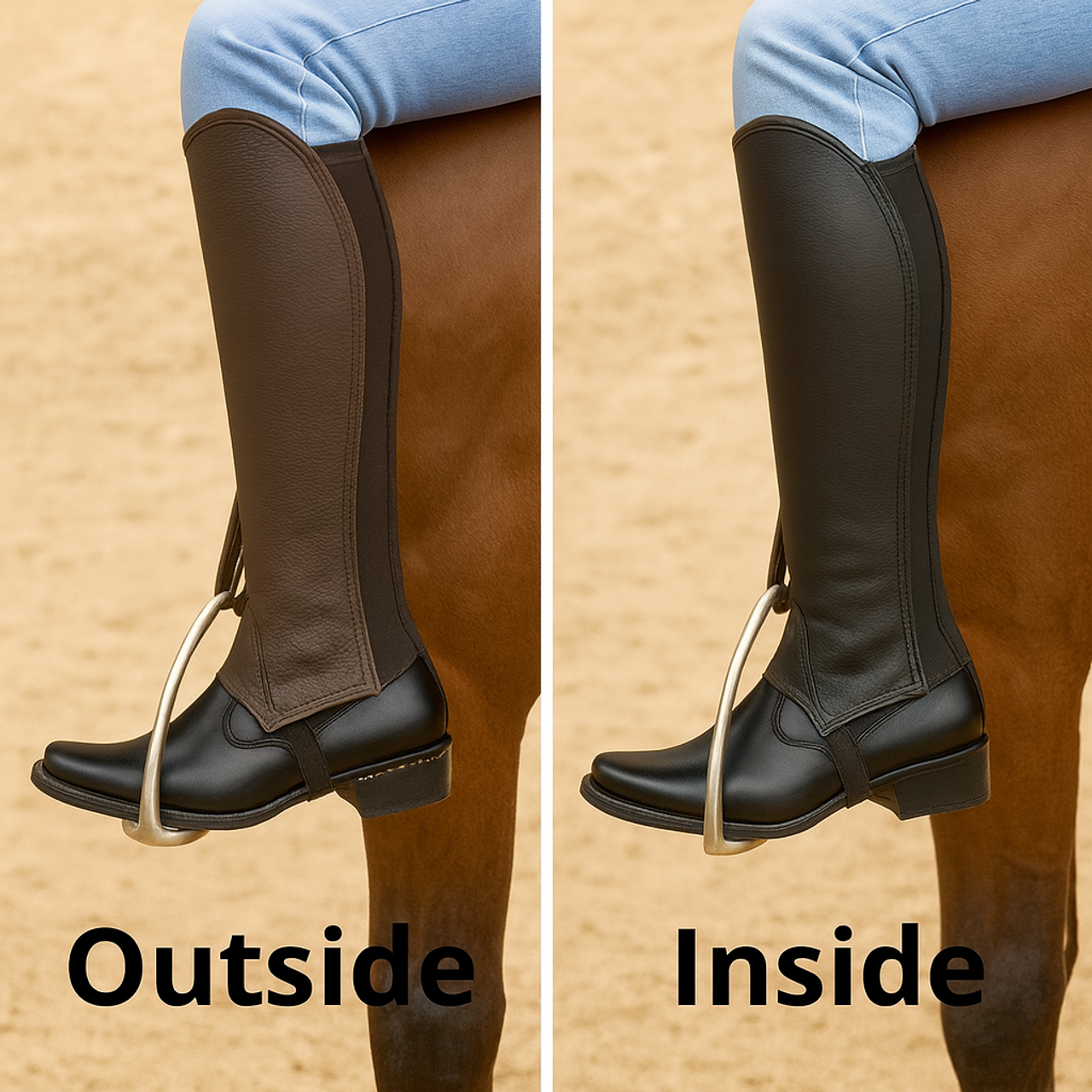 Discover our reversible leather gaiters – black on one side, brown on the other. Premium soft leather, durable, comfortable, and versatile for every rider. One pair, two styles – perfect for daily rides or competitions. Discover our reversible leather gaiters – black on one side, brown on the other. Premium soft leather, durable, comfortable, and versatile for every rider. One pair, two styles – perfect for daily rides or competitions.