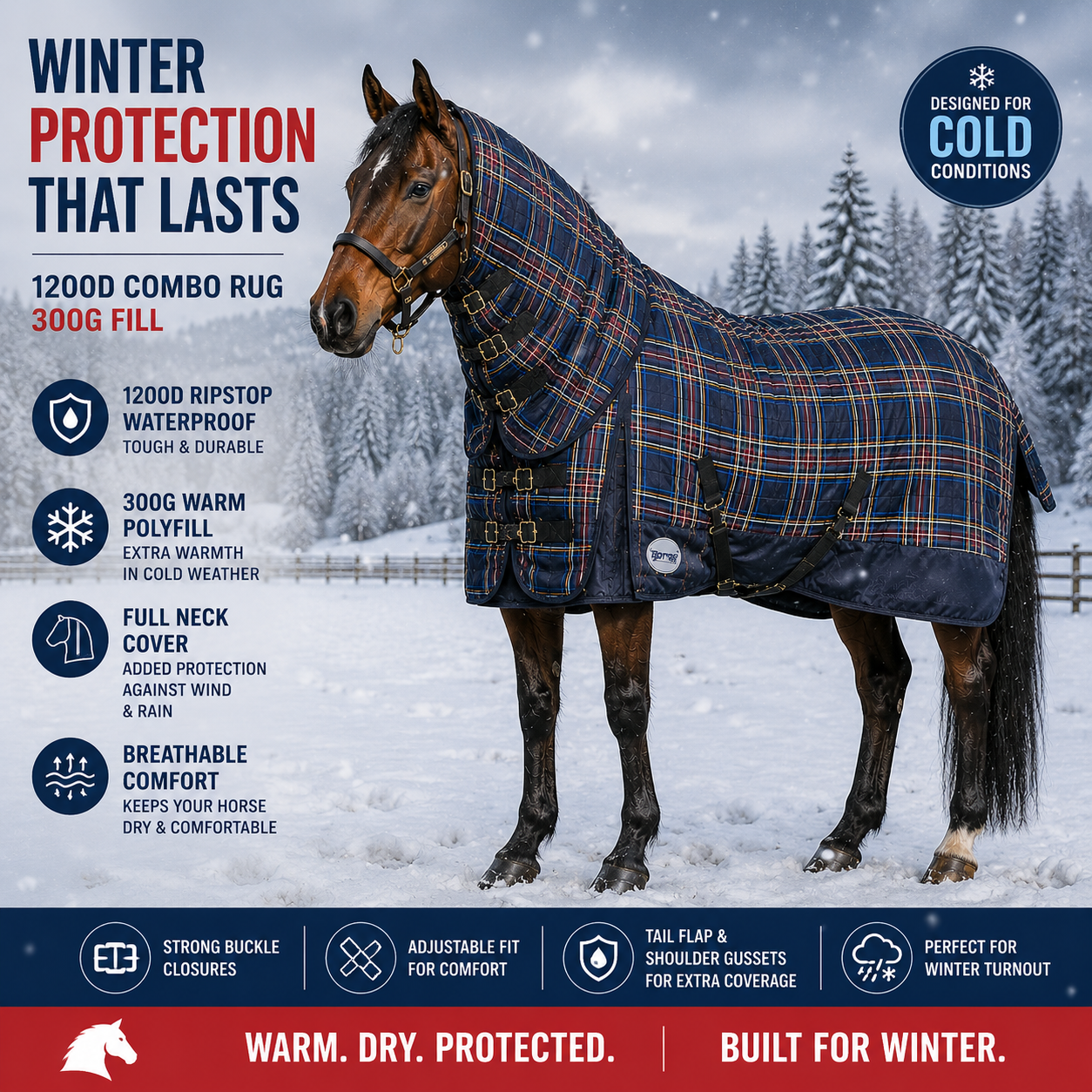 Deluxe 1200D Ripstop Waterproof Combo Horse Rug – 300G Fill, Assorted color 