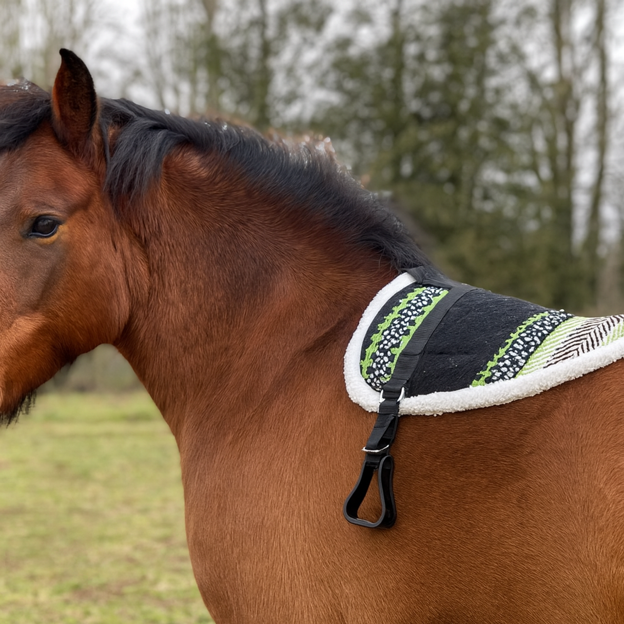 Top Quality Bareback Saddle Pad with fleece underlay for comfort & breathability. Washable, adjustable with gator grip buckles, includes pony stirrups.