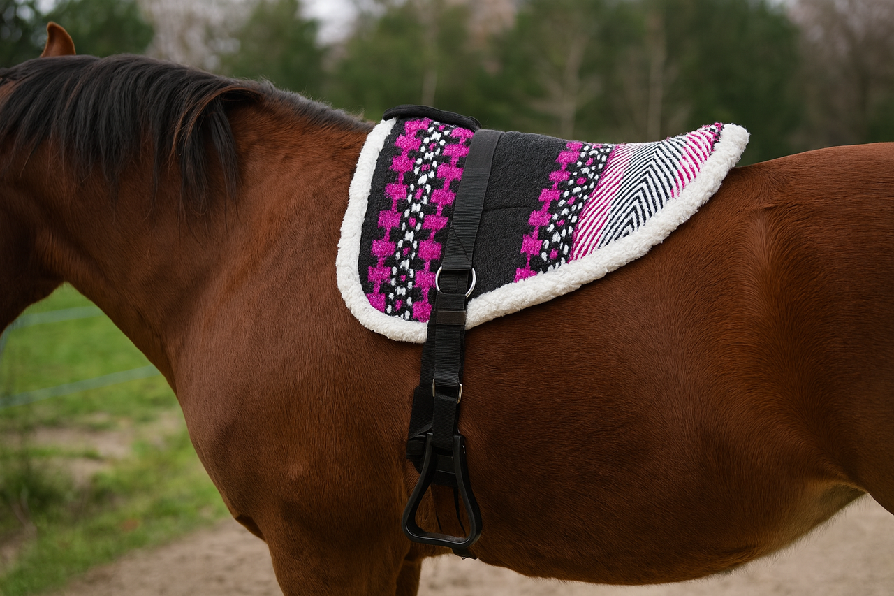 Top Quality Bareback Saddle Pad with fleece underlay for comfort & breathability. Washable, adjustable with gator grip buckles, includes pony stirrups.