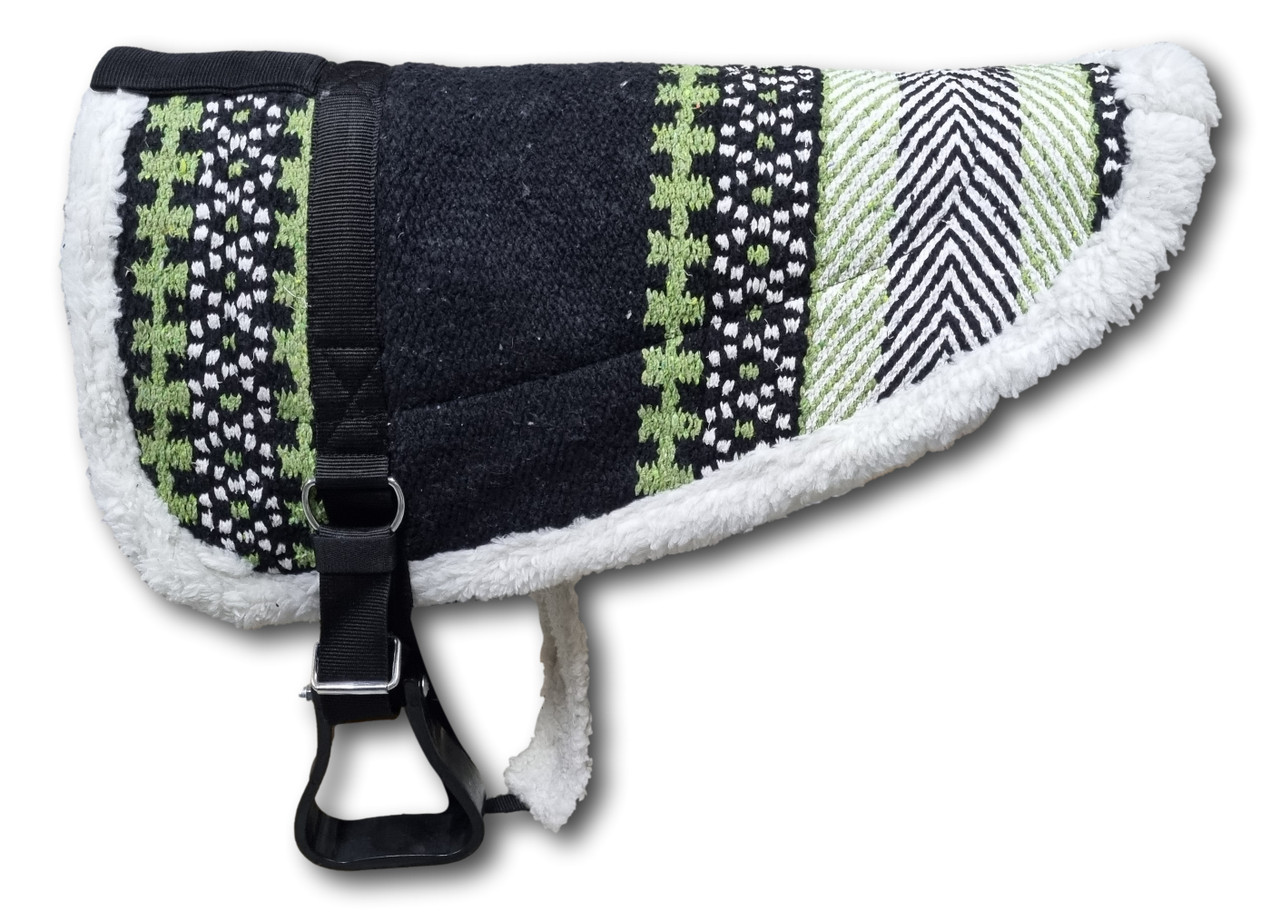 Top Quality Bareback Saddle Pad with fleece underlay for comfort & breathability. Washable, adjustable with gator grip buckles, includes pony stirrups.