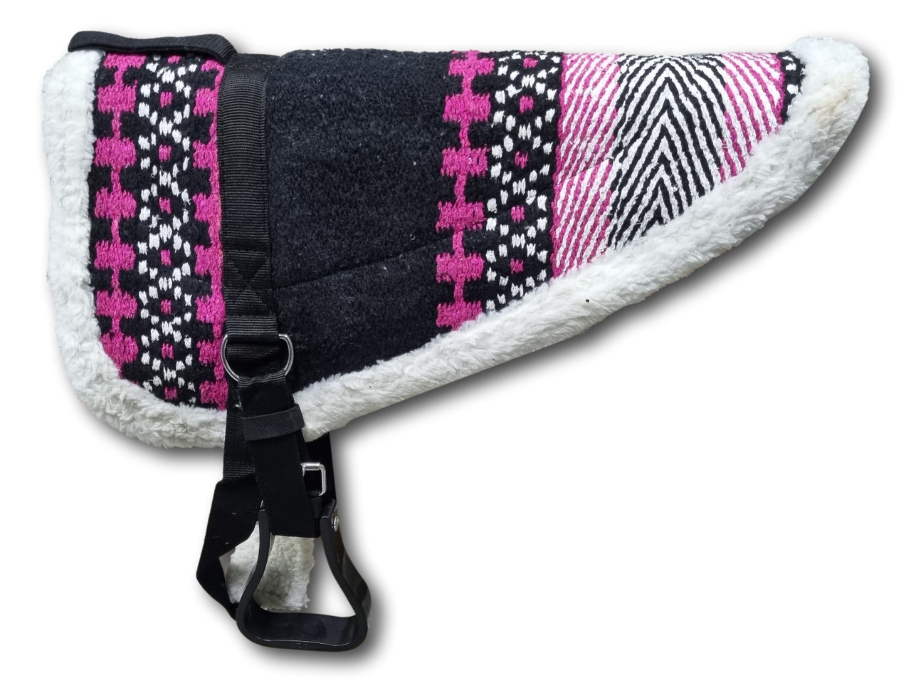 Top Quality Bareback Saddle Pad with fleece underlay for comfort & breathability. Washable, adjustable with gator grip buckles, includes pony stirrups.