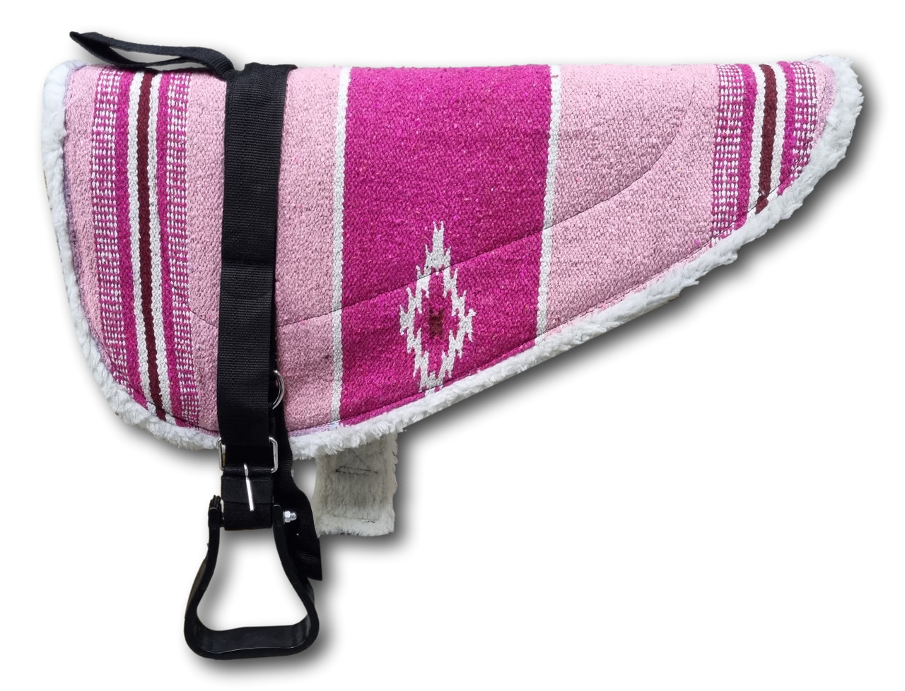 Ride naturally with the Navajo Print Padded Bareback Pad featuring detachable stirrups, fleece lining, and a secure front strap. Perfect for training young horses, beach rides, or everyday use. Fits both Cob and Full horses.
