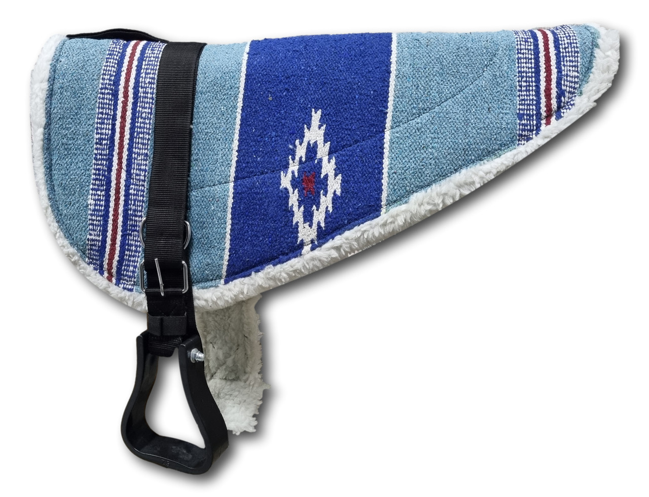 Ride naturally with the Navajo Print Padded Bareback Pad featuring detachable stirrups, fleece lining, and a secure front strap. Perfect for training young horses, beach rides, or everyday use. Fits both Cob and Full horses.
