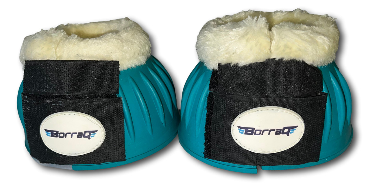Horse bell boots, rubber overreach boots, fur neck bell boots, horse protective boots, equestrian overreach boots, horse turnout boots, paddock boots, Borraq horse gear, soft rubber bell boots, horse leg protection