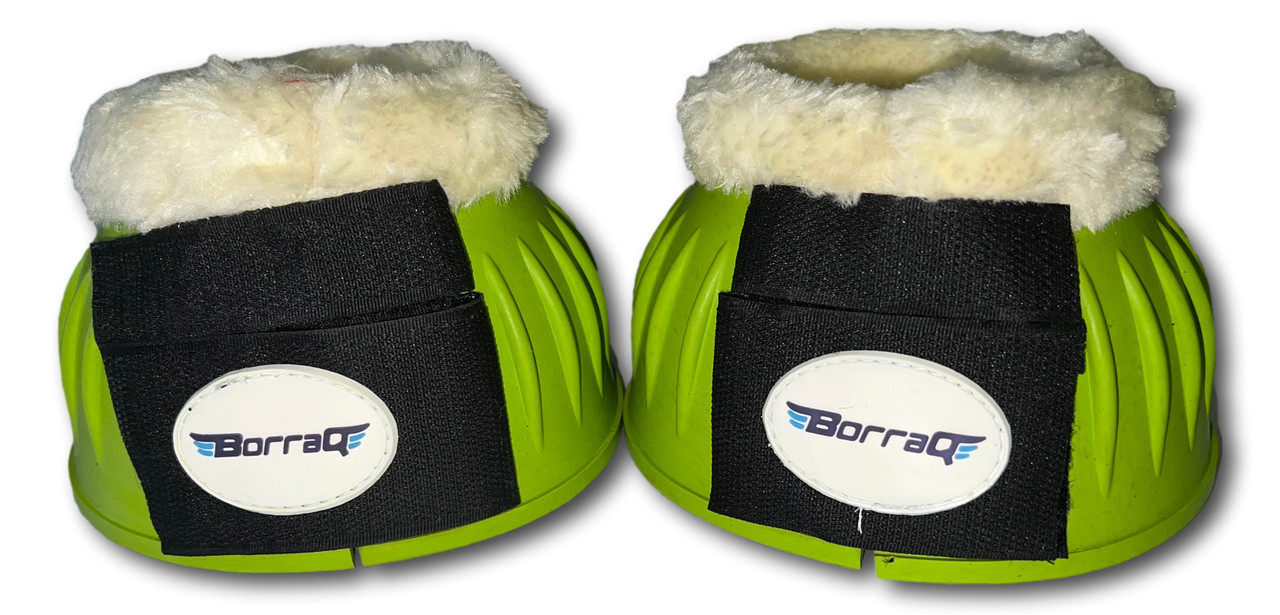 Horse bell boots, rubber overreach boots, fur neck bell boots, horse protective boots, equestrian overreach boots, horse turnout boots, paddock boots, Borraq horse gear, soft rubber bell boots, horse leg protection