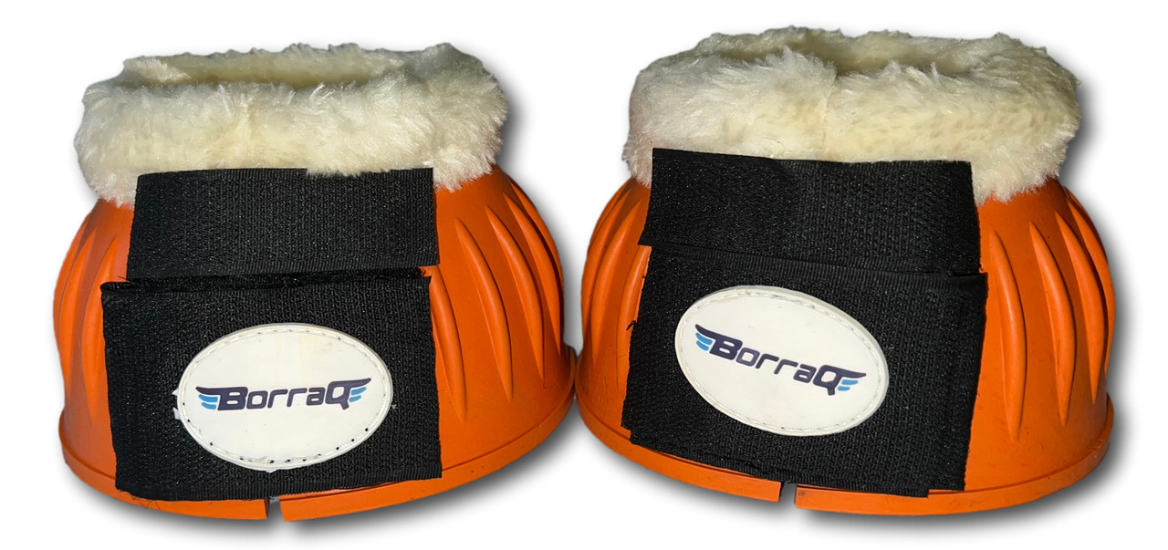 Horse bell boots, rubber overreach boots, fur neck bell boots, horse protective boots, equestrian overreach boots, horse turnout boots, paddock boots, Borraq horse gear, soft rubber bell boots, horse leg protection