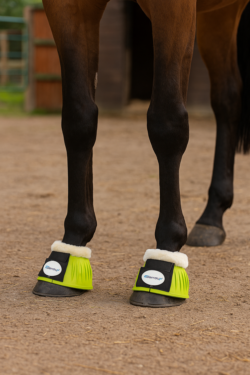 Horse bell boots, rubber overreach boots, fur neck bell boots, horse protective boots, equestrian overreach boots, horse turnout boots, paddock boots, Borraq horse gear, soft rubber bell boots, horse leg protection