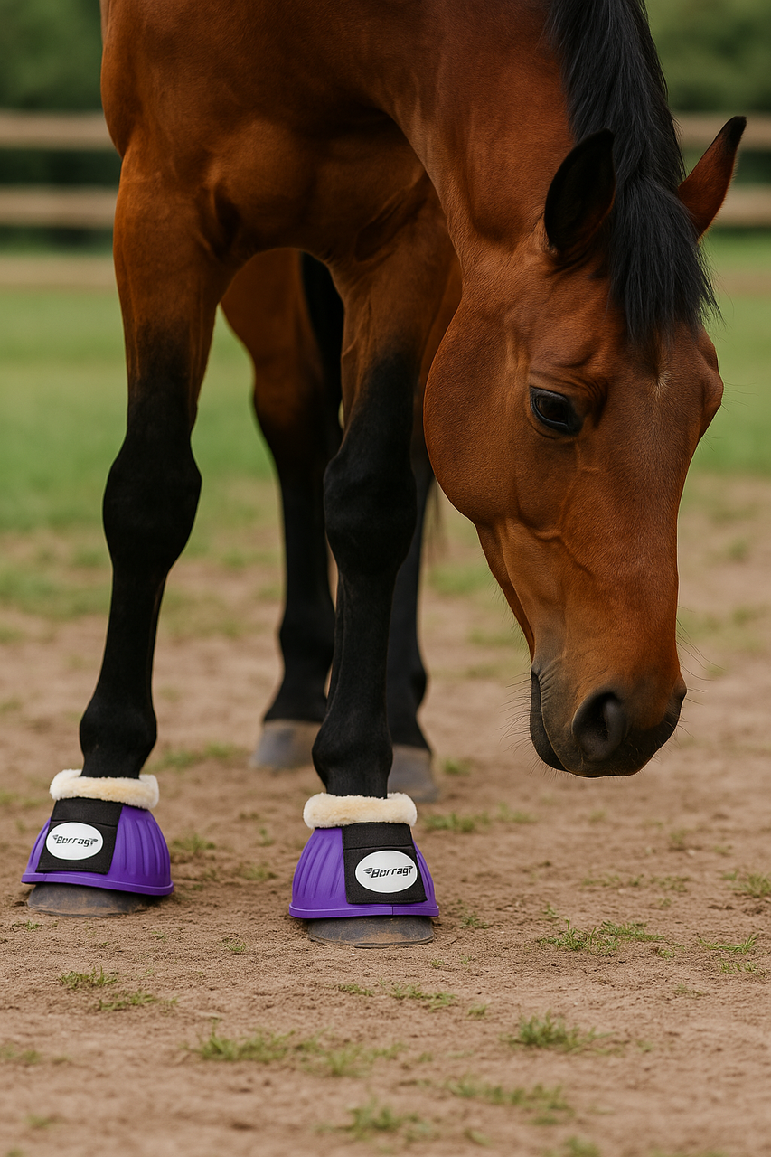Horse bell boots, rubber overreach boots, fur neck bell boots, horse protective boots, equestrian overreach boots, horse turnout boots, paddock boots, Borraq horse gear, soft rubber bell boots, horse leg protection