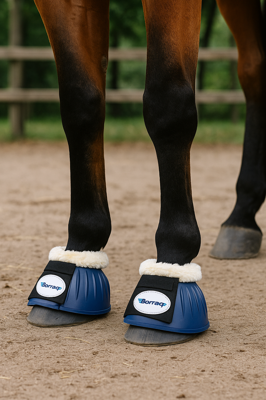Horse bell boots, rubber overreach boots, fur neck bell boots, horse protective boots, equestrian overreach boots, horse turnout boots, paddock boots, Borraq horse gear, soft rubber bell boots, horse leg protection