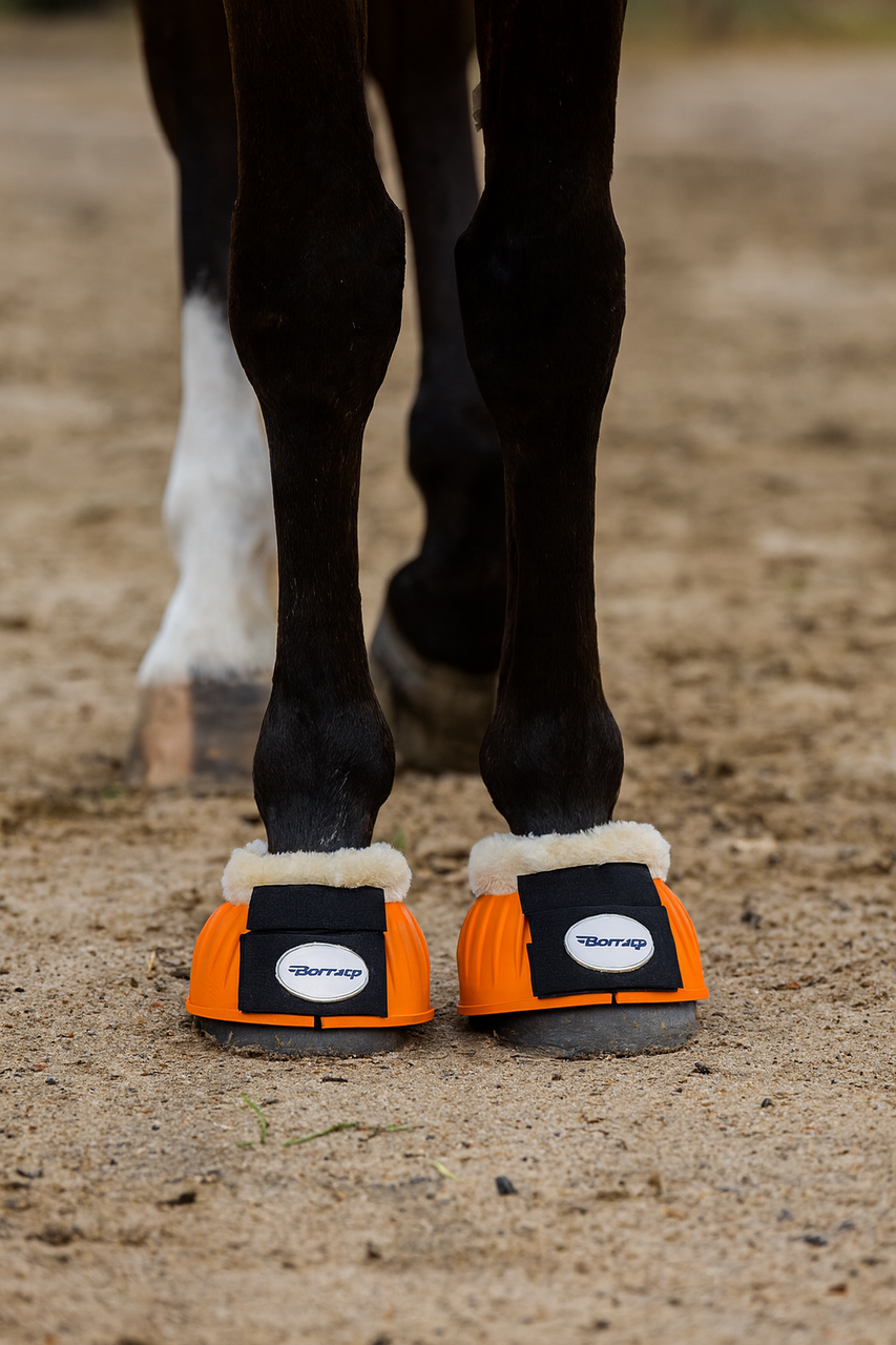 Horse bell boots, rubber overreach boots, fur neck bell boots, horse protective boots, equestrian overreach boots, horse turnout boots, paddock boots, Borraq horse gear, soft rubber bell boots, horse leg protection