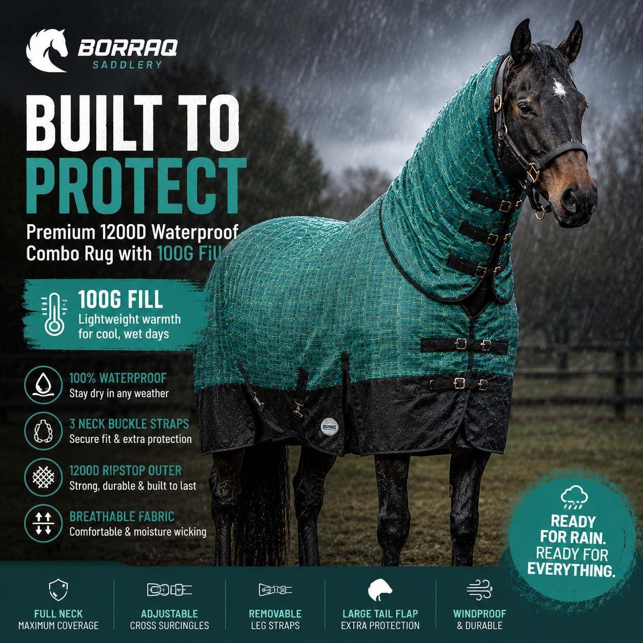Deluxe 1200D Ripstop Waterproof Combo Horse Rug – 100G Fill