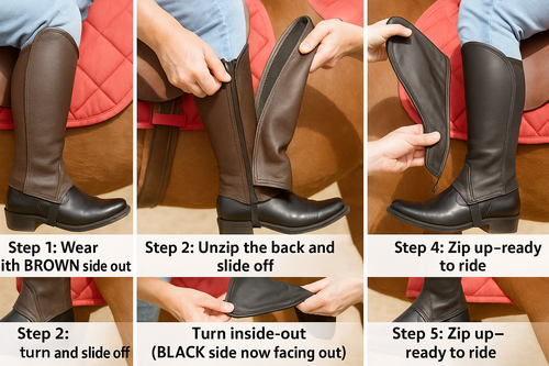 Discover our reversible leather gaiters – black on one side, brown on the other. Premium soft leather, durable, comfortable, and versatile for every rider. One pair, two styles – perfect for daily rides or competitions.