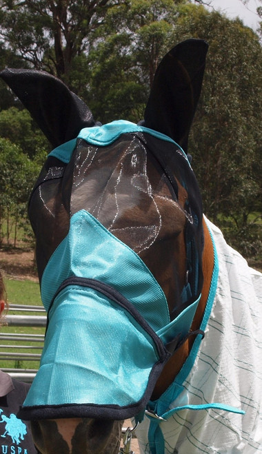 Teal HORSE FLY VEIL / Fly Mask With Zip Off Nose 
