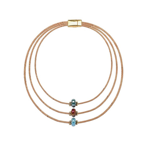 Natural Three Strand Cork Necklace with Blue, Red, and Green Ceramic Beads 
