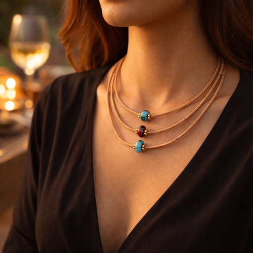 Natural Three Strand Cork Necklace with Blue, Red, and Green Ceramic Beads 
