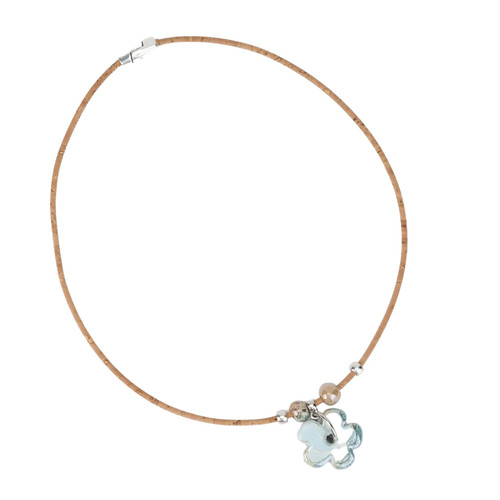 Natural Cork Necklace with Blue Ceramic Flower