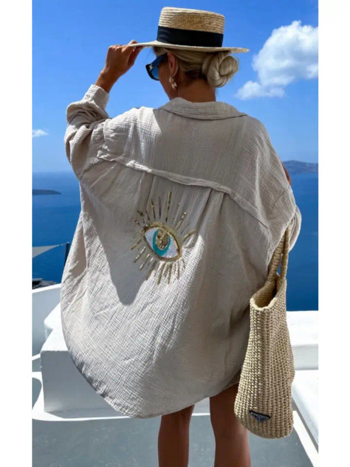 Beige Oversized Evil Eye Gauze Cotton Button Shirt
