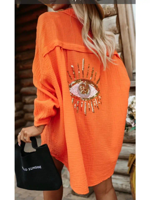 Orange Oversized Evil Eye Gauze Cotton Button Shirt