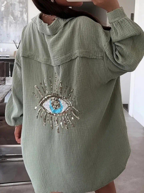 Olive Oversized Evil Eye Gauze Cotton Shirt LOOWIE