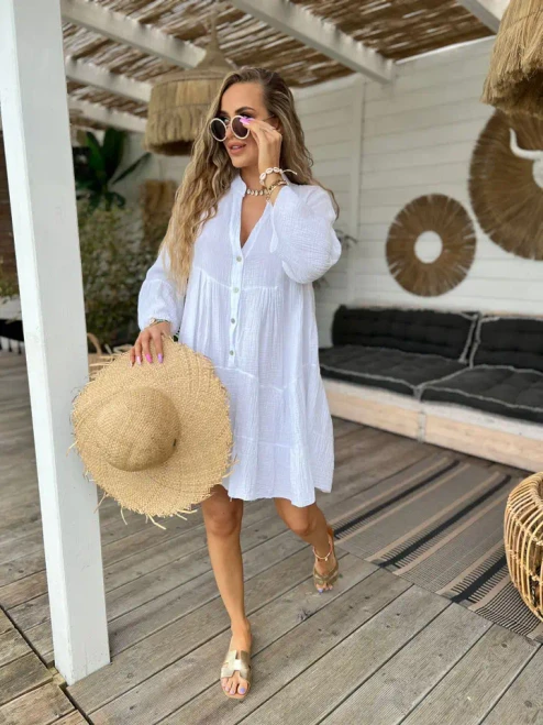 White Gauze Cotton Italian Short Dress 3/4 Sleeves