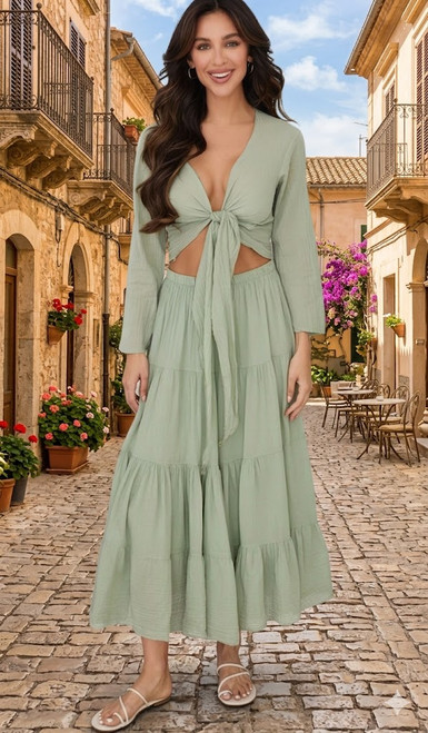 Tiered Cotton Skirt-Green Khaki