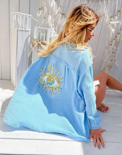 Baby Blue Oversized Evil Eye Gauze Cotton Button Shirt